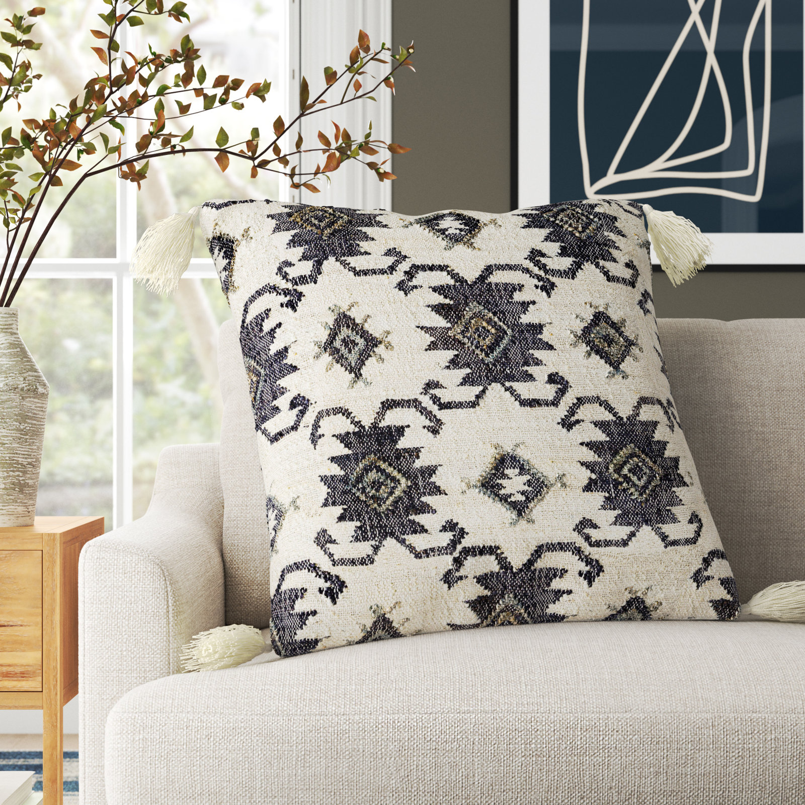 Peridan Tassels Jute / Sisal Throw Pillow, 20" x 20", Down