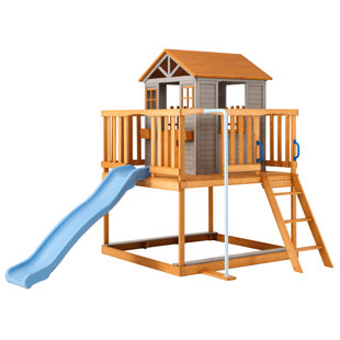 KizzParnrr Elevated kids playhouse made of fir wood with wave slide, play kitchen, wrap-around terrace, vertical speed slides, flat steps, half-opening doors, windows, sandbox for outdoor play