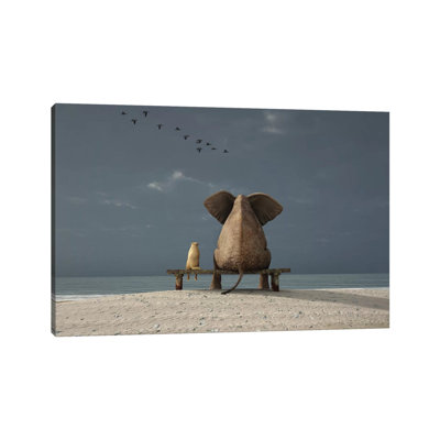 Elephant and Dog Sit on a Beach 1 Piece Wrapped Canvas Wall Art
