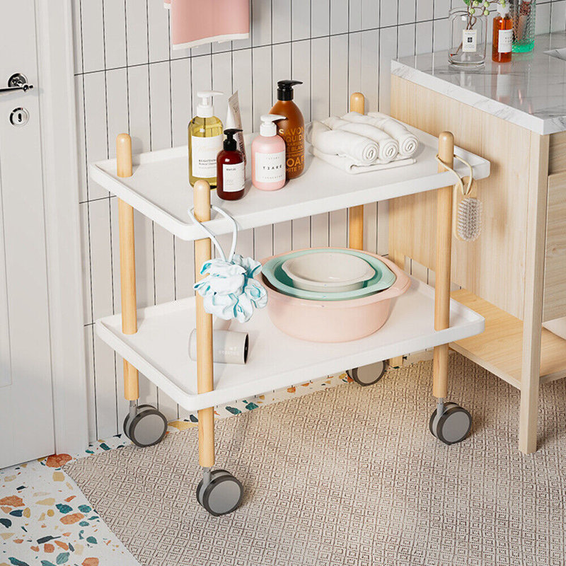 Table de bout à 2 niveaux avec tablette de rangement et table de chevet moderne en bois avec roulettes, Blanc