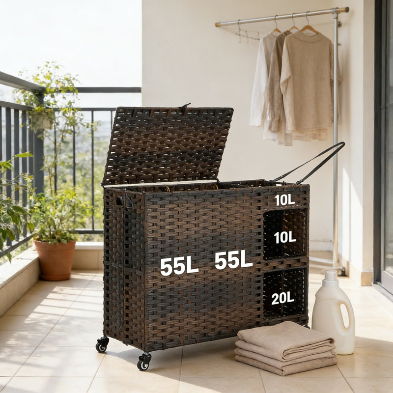 Large Rolling Laundry Hamper Sorter With Shelves, 4 Removable Liner Bags & 3 Mesh Bags, Handwoven Rattan Organizer With Wheels For Bedroom, Bathroom, Or Laundry Room
