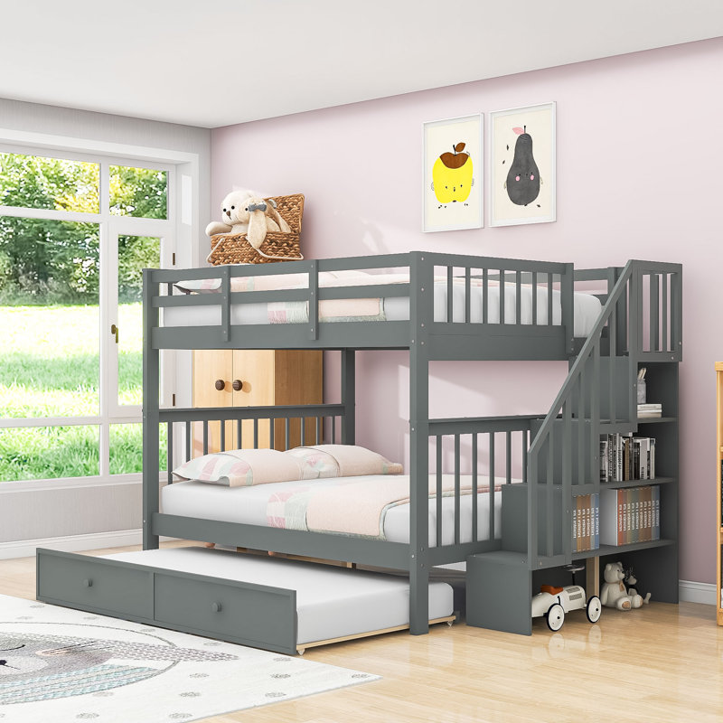 Doresha Kids Bunk Bed with Trundle, Gray, Full Over Full