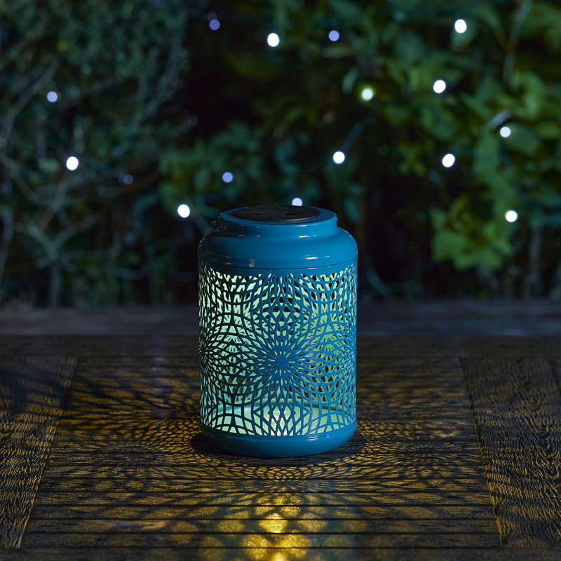 8.75"H Metal Cutout Solar Powered Outdoor Hanging Lantern, Blue