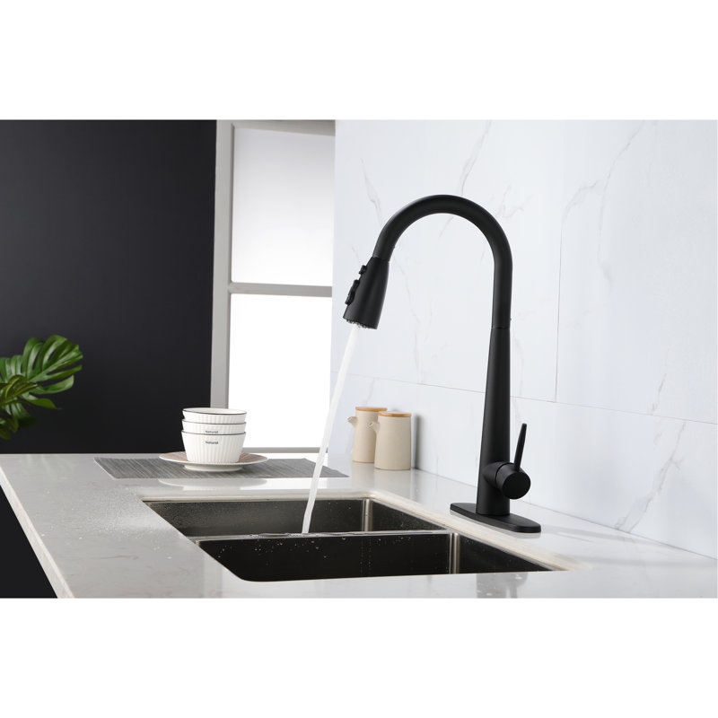 Robinet de cuisine rétractable - Acier inoxydable, arc haut, poignée simple, économique, arc moderne noir mat, débit de 1,8 gal / min,