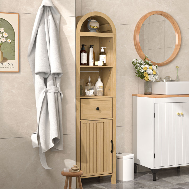 Freestanding Bathroom Cabinet, Narrow Tall Bathroom Storage Cabinet With Fluted Doors And Drawers, Wood
