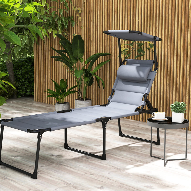 Chaise de patio pliante ajustable par, parasol et coussin, gris pour une assise extérieure confortable