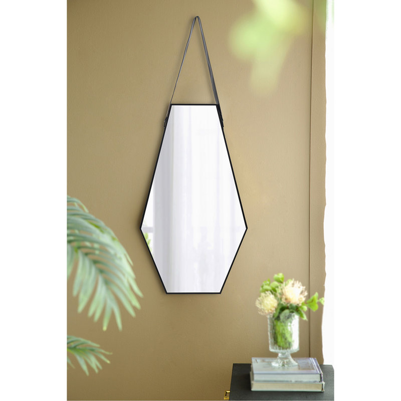 18x1.6x31.5" Black and Silver Hexagonal Wall Mirror with Hanging Leather Strap