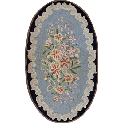Vintage Mid Century Floral Pattern Oval Shape Light Blue American Hooked Rug