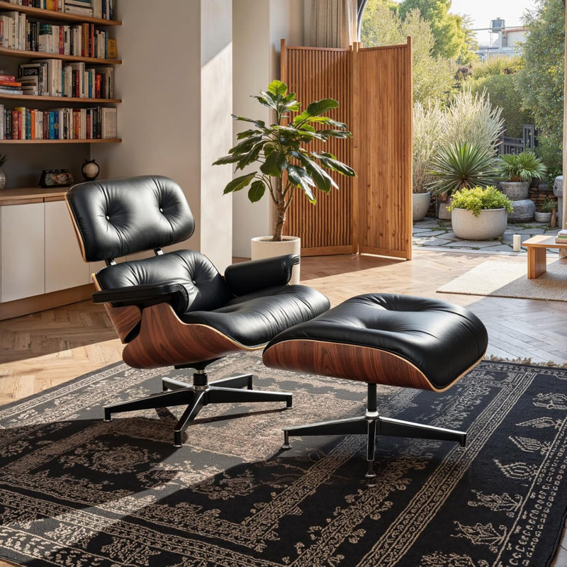 Chaise longue en bois massif, Cuir véritable noir / noyer