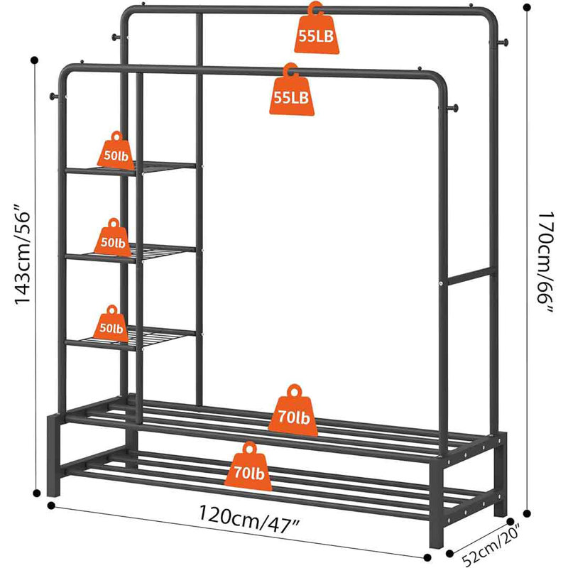 Black Heavy Duty Metal Garment Rack with Shelves and Hooks
