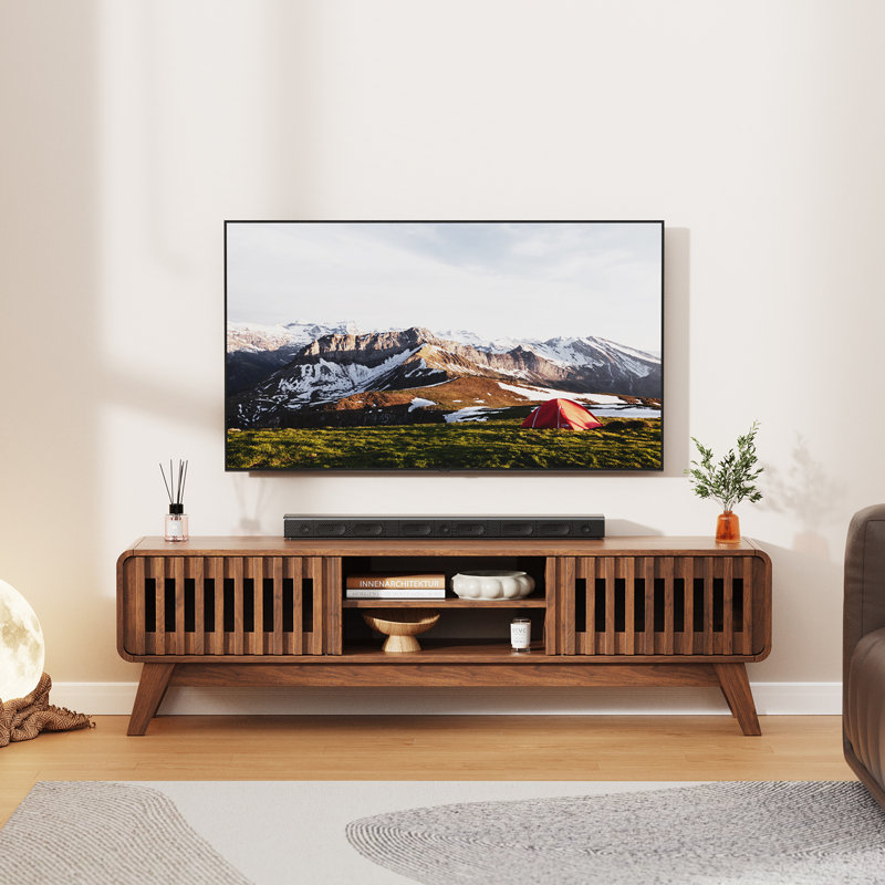 Walnut Retro TV Stand with Lattice Sliding Doors & Solid Wood Legs - Media Console Fits TVs Up to 65" for Living Room, Bedroom and Office