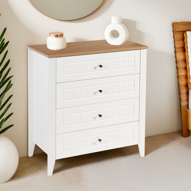 Commode élégante et moderne, 3 tiroirs, finition blanche et chêne, 35,4 x 37,4 x 17,3 pouces | Panneau de particules 100% mélaminé, bande de chant en PVC, portes en panneau de fibres à densité moyenne avec membrane en frêne | Solution de rangement parfaite pour les chambres à coucher et les espaces de vie