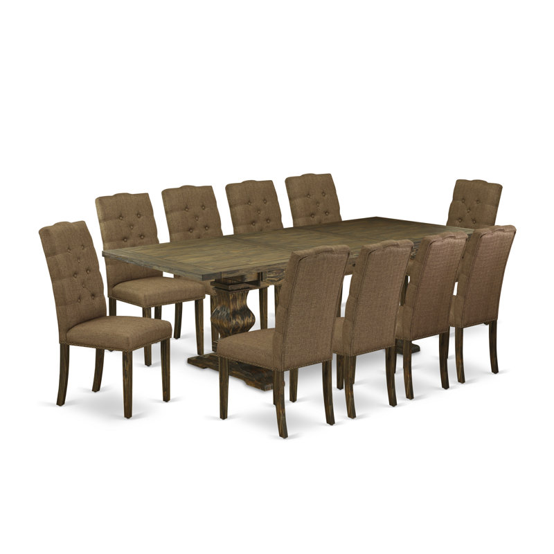 11 Piece Dining Set Includes a Rectangle Dining Room Table with Removable Leaf and 10 Brown Linen Parsons Chairs, Destressed Jacobean