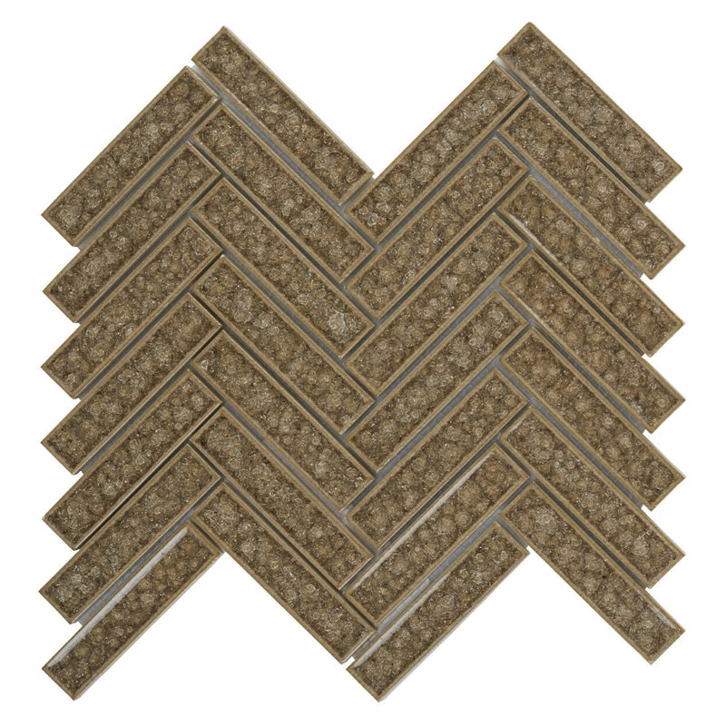 Roman Crackle Herringbone 11.75" x 11.5" Glass Mosaic Sheet Wall Tile, Olive Green