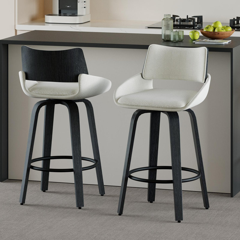26'' Modern Swivel Upholstered Counter Stool With Bentwood Legs, White Seat/Black Frame
