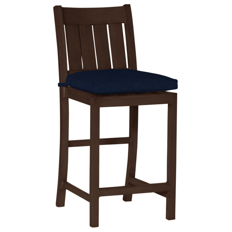Club 24" Patio Bar Stool with Cushion, Welt, Indigo Velvet, Mahogany