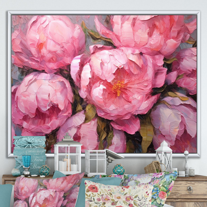 Pivoine rose I - art mural floral, H 16 po x l 32 po x P 1 po, Cadre flottant blanc