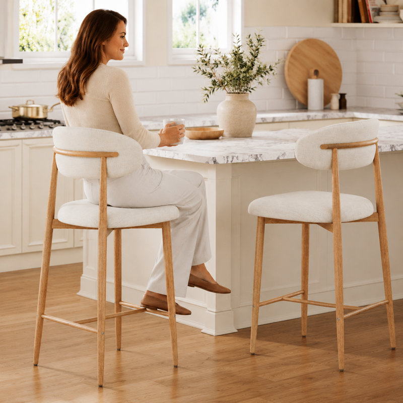 Ensemble de 2 tabourets de bar de style Mid-Century modernes, chaises de bar rembourrées en lin beige, siège incurvé ergonomique avec pieds en métal grain de noyer, capacité de poids de 300 lb pour le bar de l'îlot de cuisine