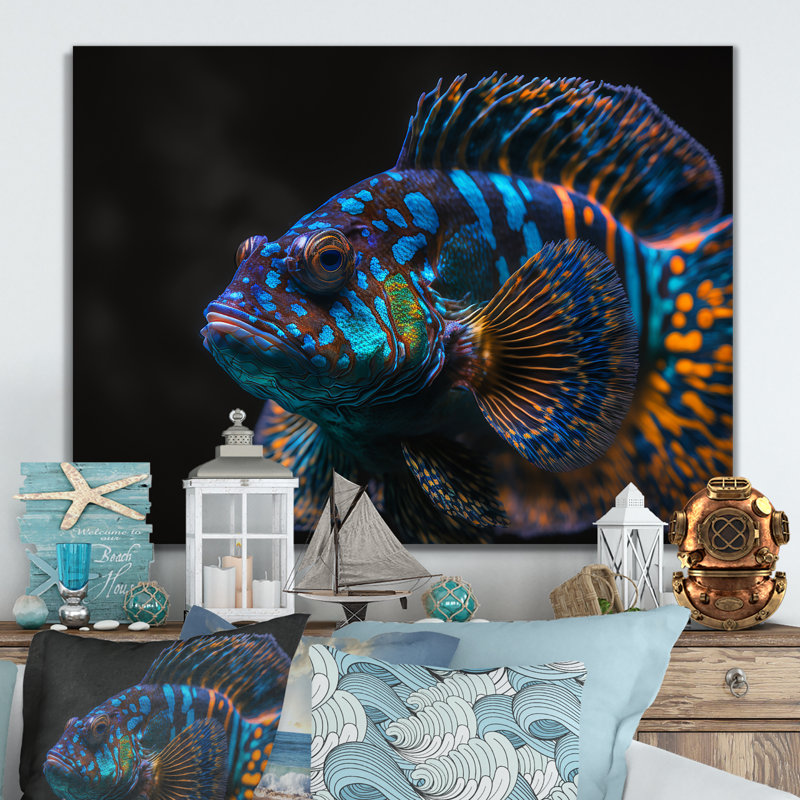 Halona, magnifique poisson mandarine dans des tons de bleu VII - impression, H 30 po x l 40 po x P 1,5 po, Toile tendue