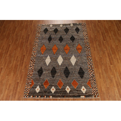 Tapis unique gris anthracite / orange en laine nouée à la main 6 pi 9 po x 9 pi 10 po New Age