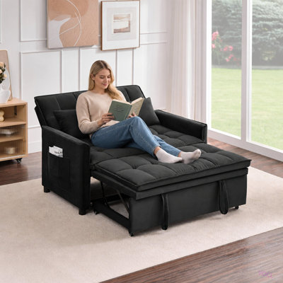 50.3" Velvet Convertible Sleeper Sofa Bed, 5-Position Adjustable Loveseat Couch with Pull-Out Bed & Side Storage Pocket, Multi-Functional 3-in-1 Sofa Bed for Small Spaces, Apartment, Living Room