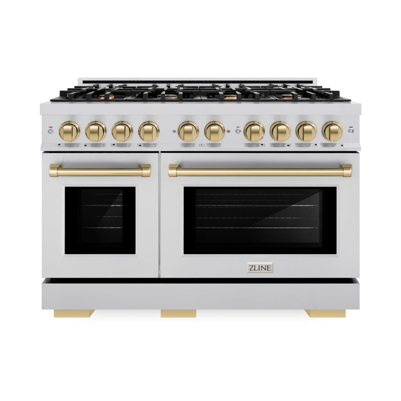 ZLINE Autograph Edition 48 in. 6.7 cu. ft. Select Double Oven Gas Range W/ 8 Burner Cooktop in Stainless Steel & Champagne Bronze Accents (HGRZ-48-CB)