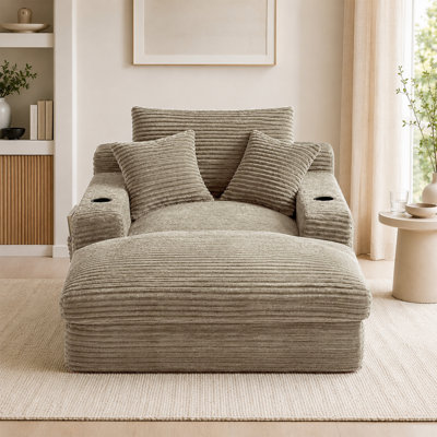 75.9‘’ D Oversized Corduroy Indoor Chaise Lounge with Dual Cup Holders Side Pocke