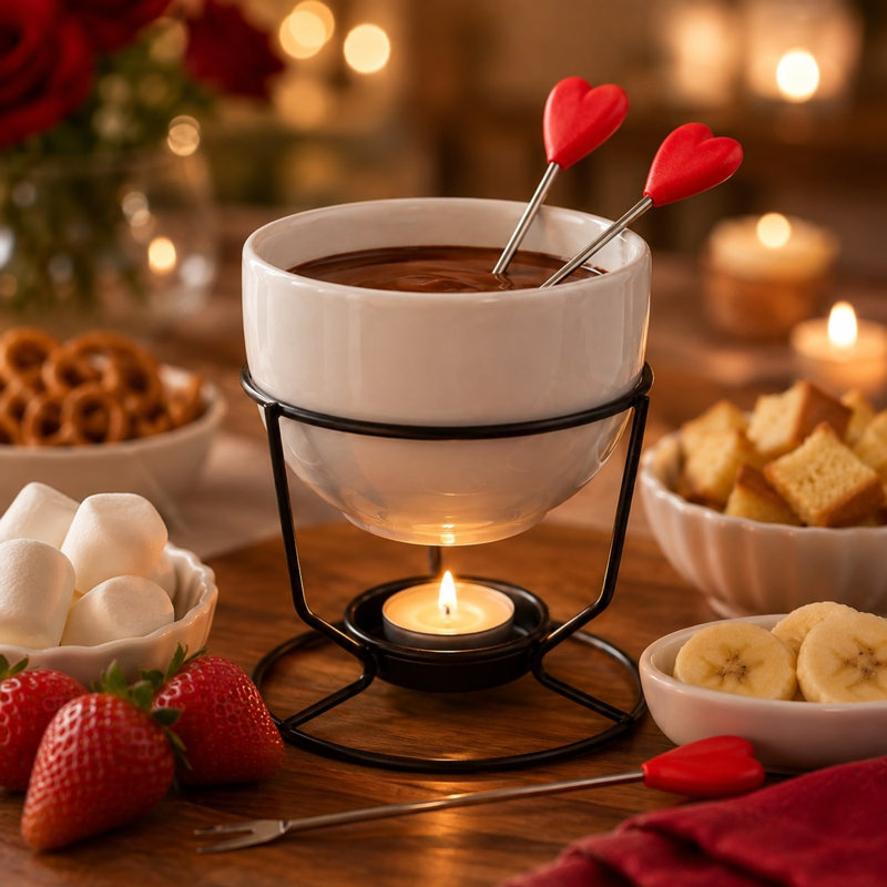 Chocolate Fondue Set w/ Ceramic Bowl, Tealight Stand and 2 Heart Forks