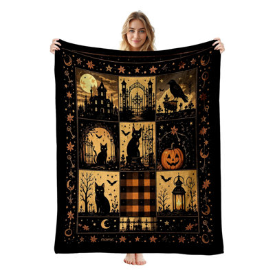 Plaid en flanelle polaire JYK Halloween, léger, respirant, doux et chaud en microfibre pelucheuse, 101,6 x 127 cm, motif patch Halloween vintage