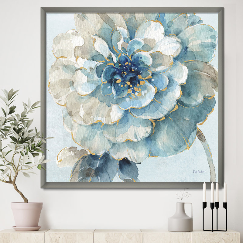 « indigold aquarelle fleur ii »-reproduction d’image sur toile, H 16 po x l 16 po x P 1 po, Cadre argenté