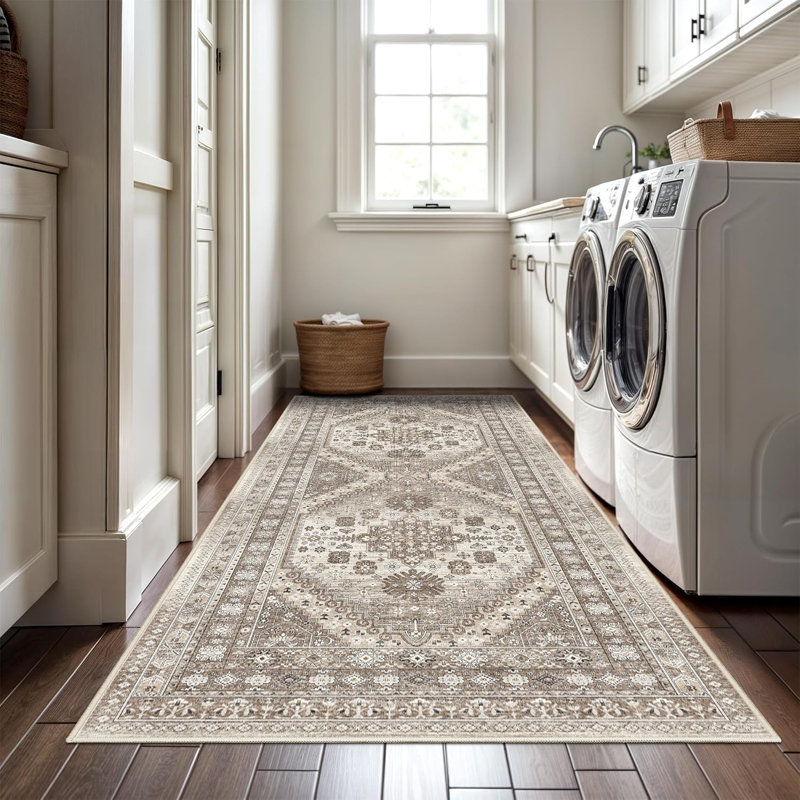 Medallion Non Slip Washable Rug(Brown), Runner 3' x 8'