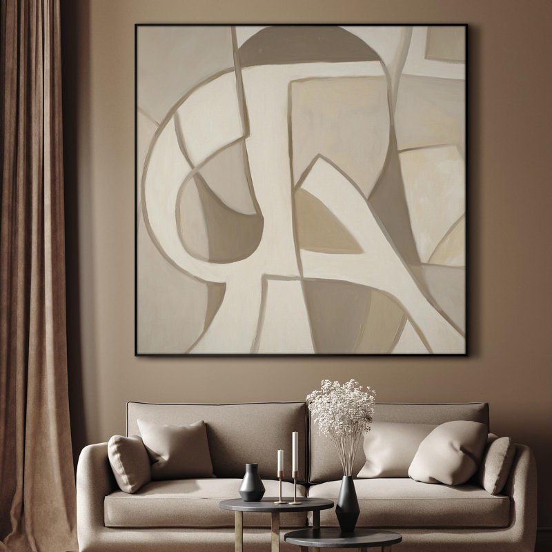 Très grand art mural imprimé sur toile - Abstrait beige cubiste moderne, décor pour le salon ou la chambre à coucher - «Assemblage requis du cadre (cadre non fini)»