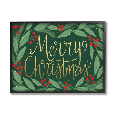Merry Christmas Festive Sentiment Chic Holiday Holly Oversized Black Framed Giclee Texturized Art by Taylor Shannon