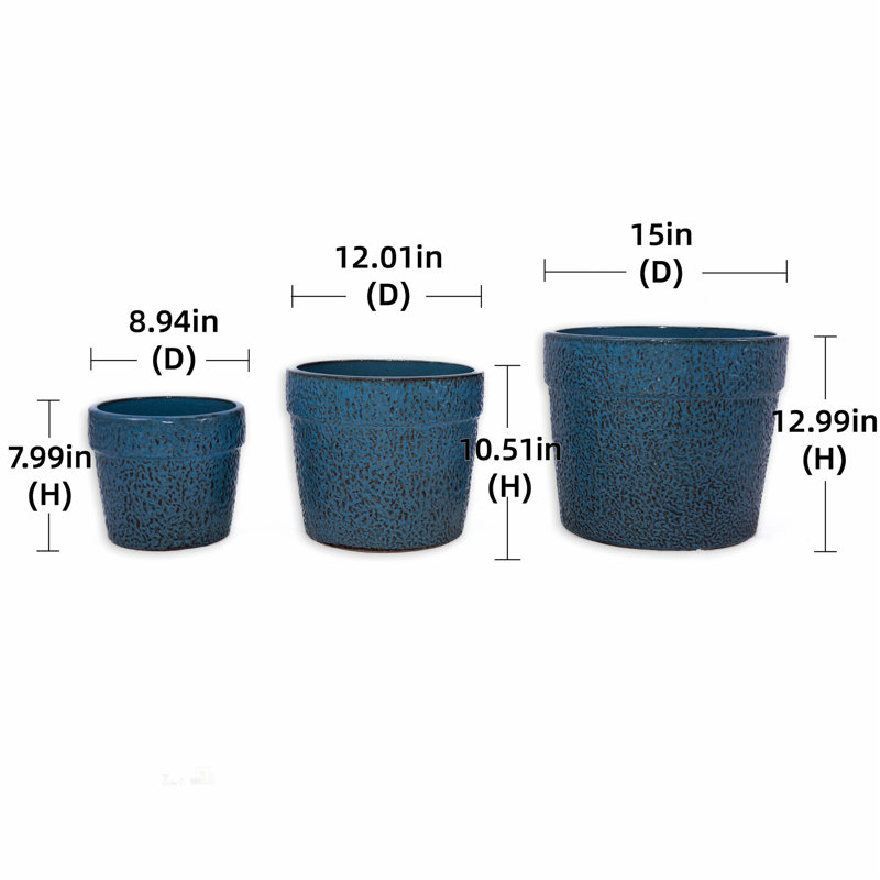 3 Pieces Ceramic Flowerpot Set, Modern Planter for Patio, Garden, or Windowsills - Finish, Antique Blue
