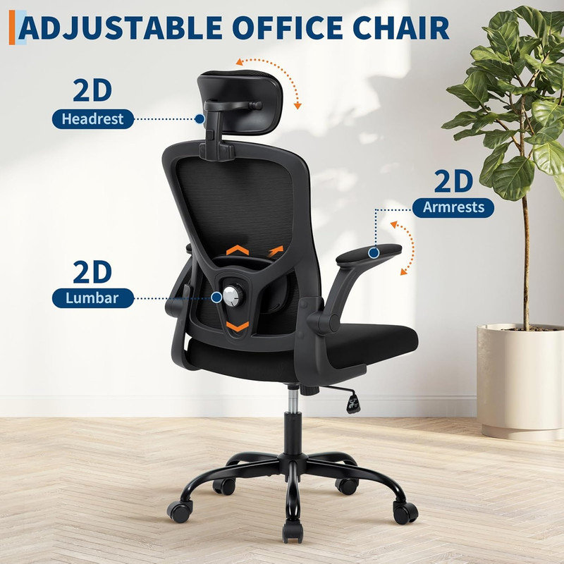 Office Computer Desk Chair, High-Back Mesh Chair with Adjustable Headrest & Lumbar Support, Black