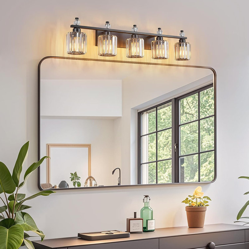 Luminaire de meuble-lavabo de salle de bain moderne en cristal 5 lumières au fini noir sable et abat-jour en cristal transparent K9 pour installation sur miroir