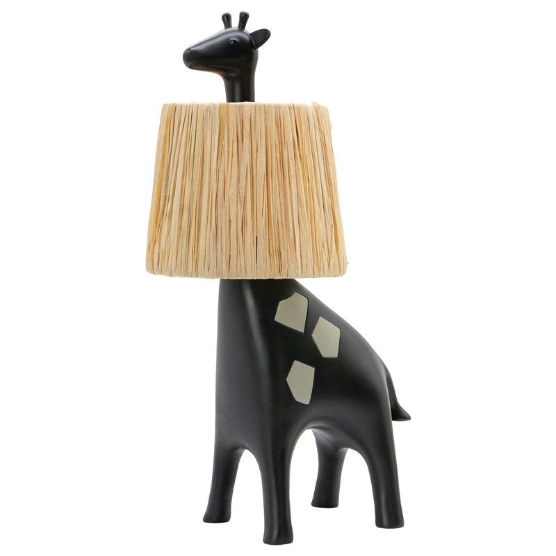 13,8 po Lampe de table en résine de girafe noire avec abat-jour en raphia et lampe décorative pour chambre ou salon, Noir