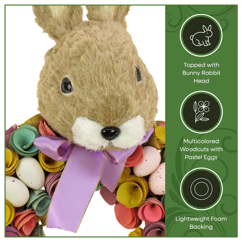 Couronne de Pâques artificielle décorée de fleurs de bois bouclées colorées, œufs pastel, ruban, tête de lapin, décoration de Pâques intérieure ou extérieure couverte