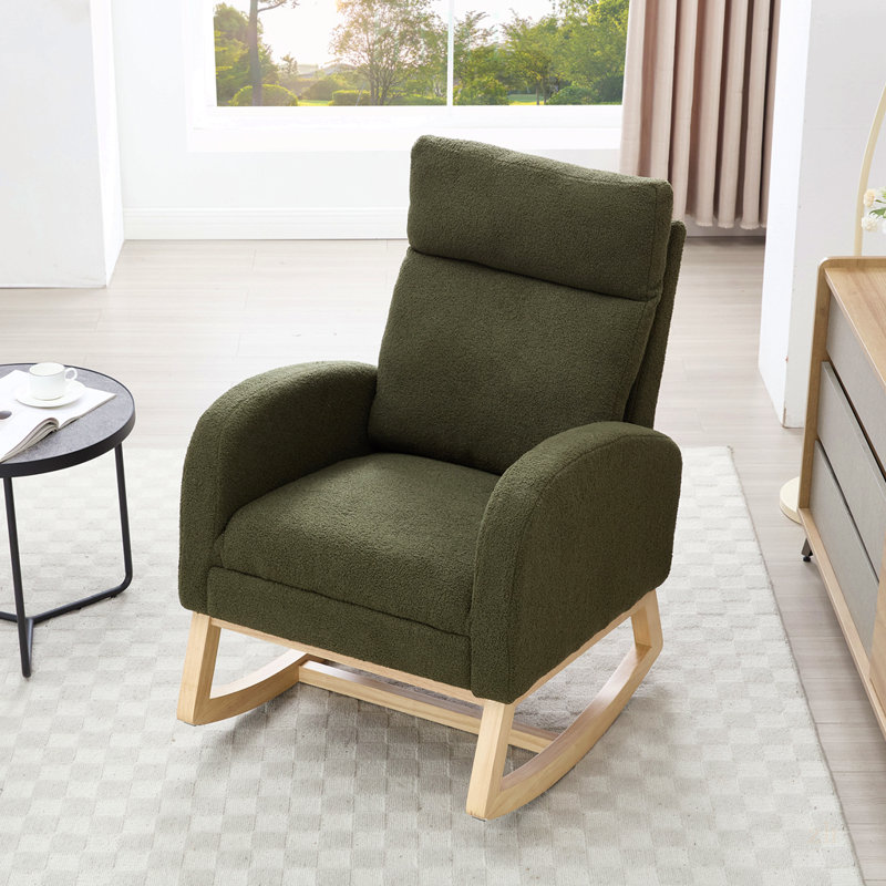 Fauteuil à bascule Teddy en tissu avec repose-pieds réglable, appuie-tête épais, dossier haut et poche de rangement, base en bois massif, vert
