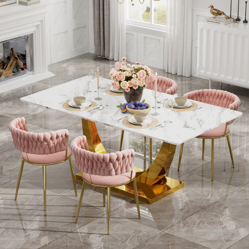 Rectangular Pedestal Dining Set with Modern Weaven Velvet Dininig Chair, Table, 4 Chairs, Pink