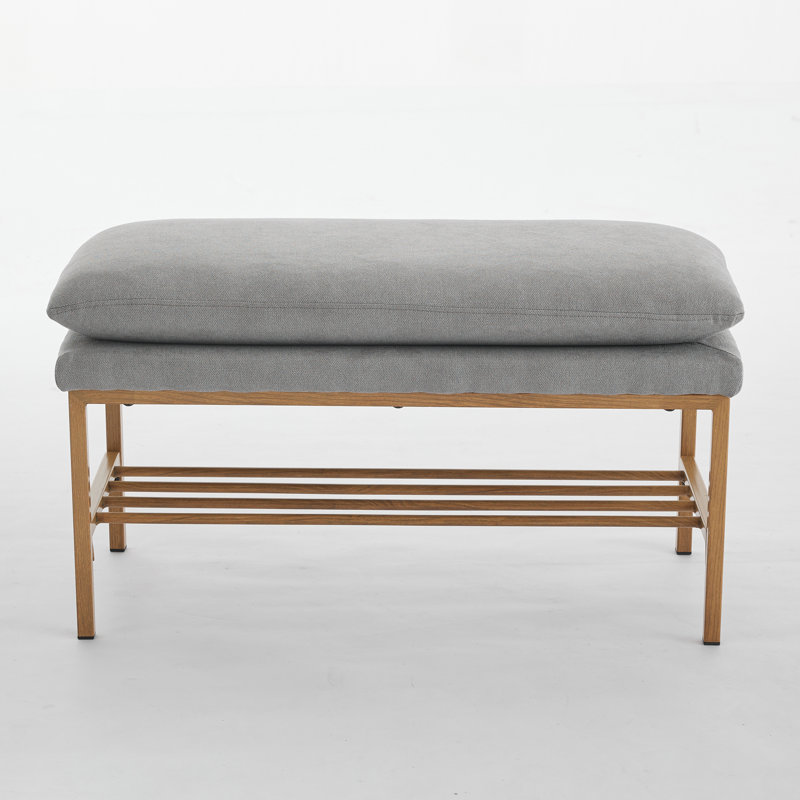 Upholstered Shoe Storage Bench With Cushioned Seat, End Of Bed Bench With Open Shelf And Metal Legs For Entryway, Gray