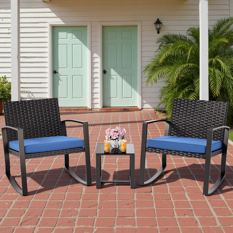 Steel 2-Person Rocking Seating Group with All-Weather Wicker Back, Cushions & Coffee Table, Blue