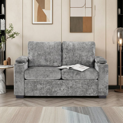 Canapé-lit gigogne en chenille avec matelas simple, porte-gobelets et rangement dans l'accoudoir