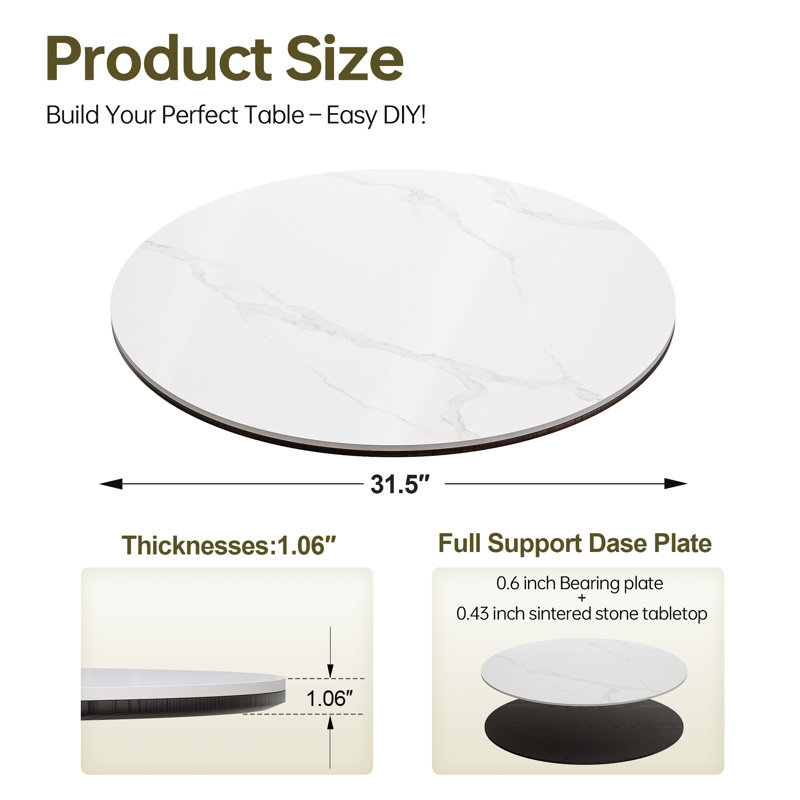 Round Sintered Stone Table Top, Match With Various Table Legs, 1.06" H x 31.49" L x 31.49" W