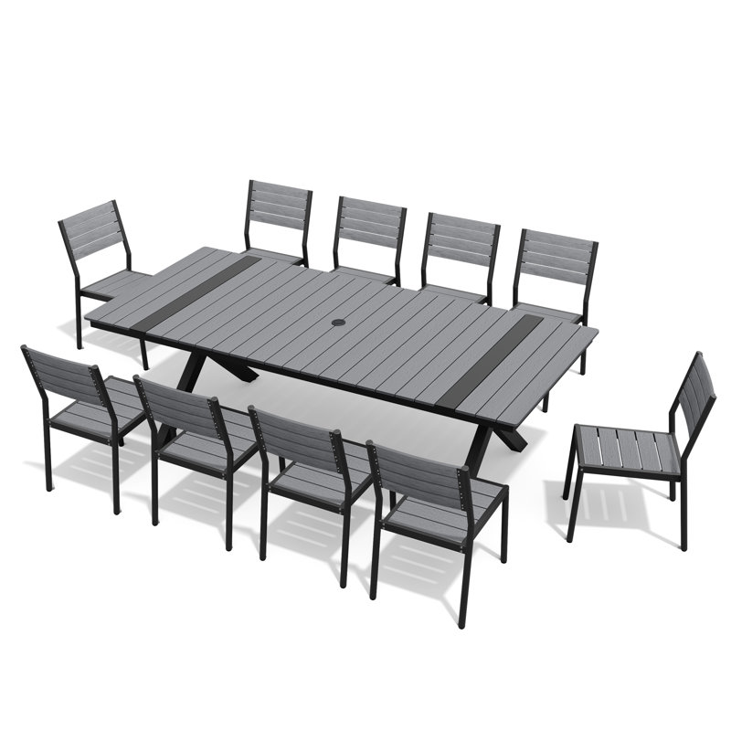 10-person Rectangular Outdoor Dining Set With Umbrella Hole,  Aluminum Frame and Armless Chairs, Gray