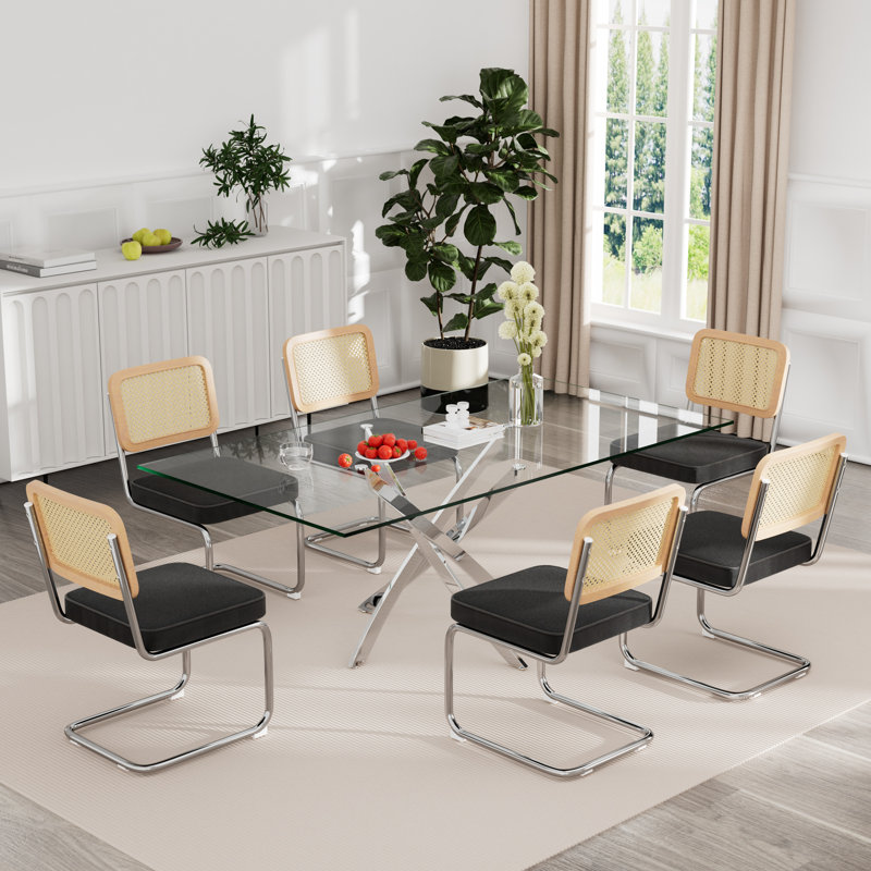 Ensemble de table rectangulaire en verre trempé, Noir / Naturel / Argent, 7