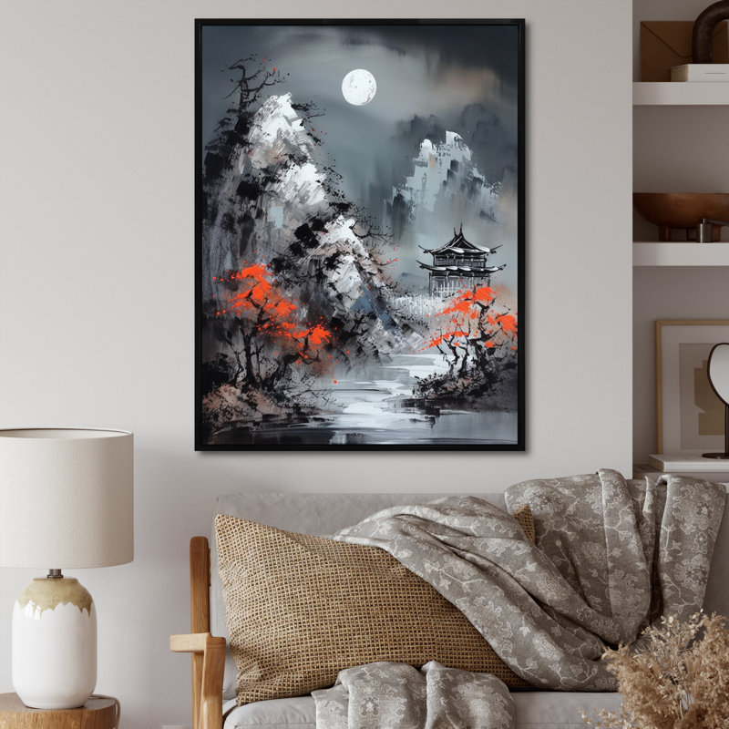 Cri de lune rouge Garrettville, Japon III, H 44 po x l 34 po x P 1,5 po, Cadre flottant noir