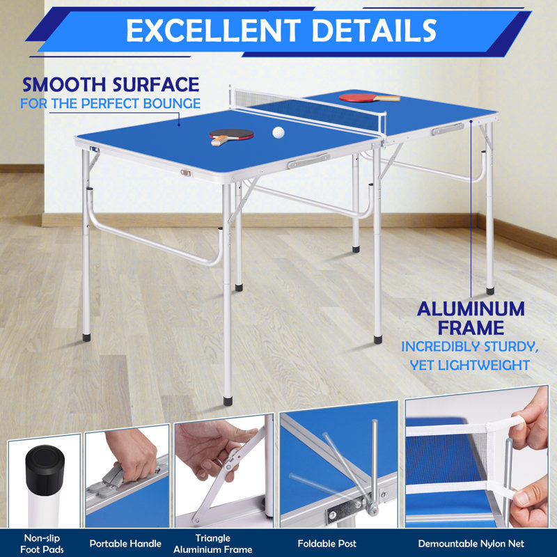 Foldable Ping Pong Table, Small Size 60" X 30" Portable Table Tennis Table With 2 Paddles, Game Net And 2 Balls, Blue