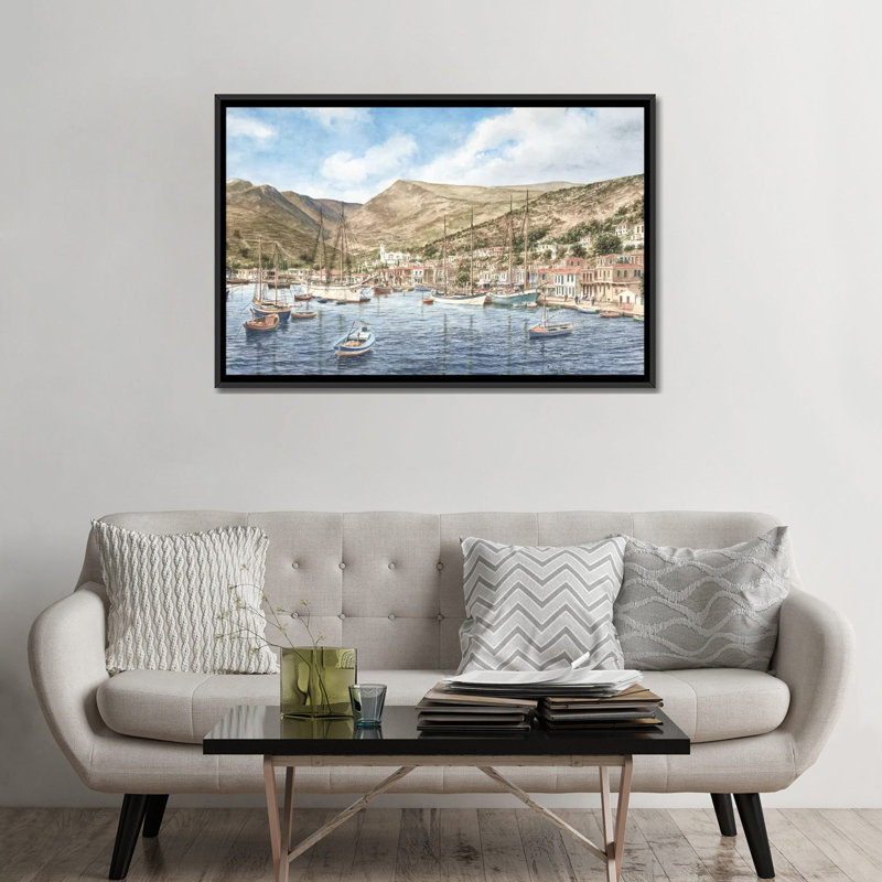 «Greek Seaport Town» par Stanton Manolakas, reproduction d'art sur toile, Toile avec cadre noir, Pas de tapis