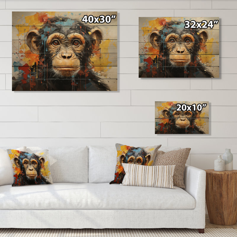 Jaune sarcelle jaune, singe espiègle, collage sur bois, H 30 po x l 40 po x P 0,78 po
